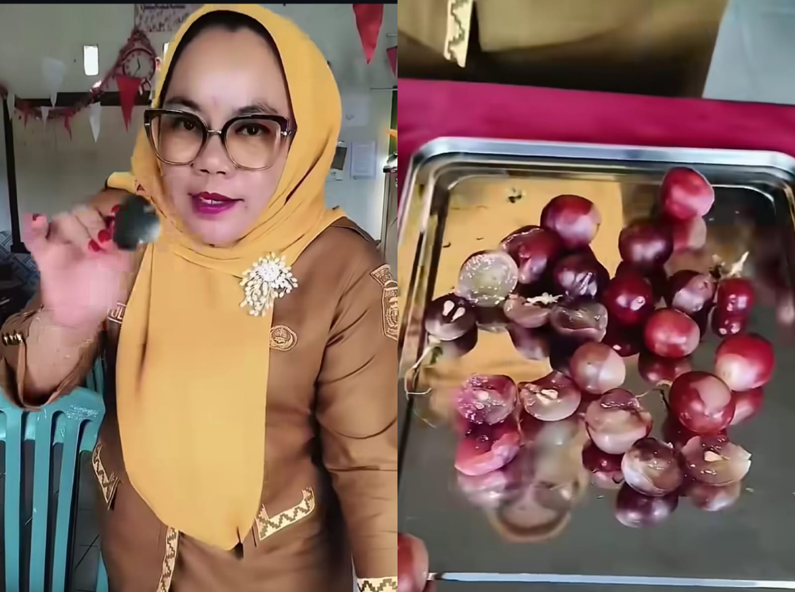 Viral Kepsek SDN 3 Sindang Sari Lampung Utara memprotes makanan MBG tak layak konsumsi. (TikTok/kanjengida1408)