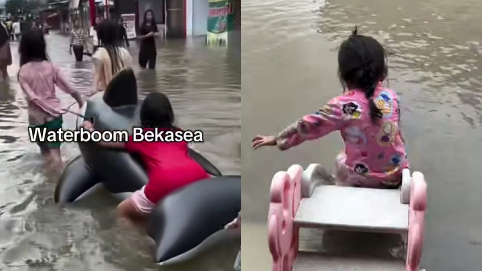 Anak-anak bermain air saat banjir di Bekasi.
