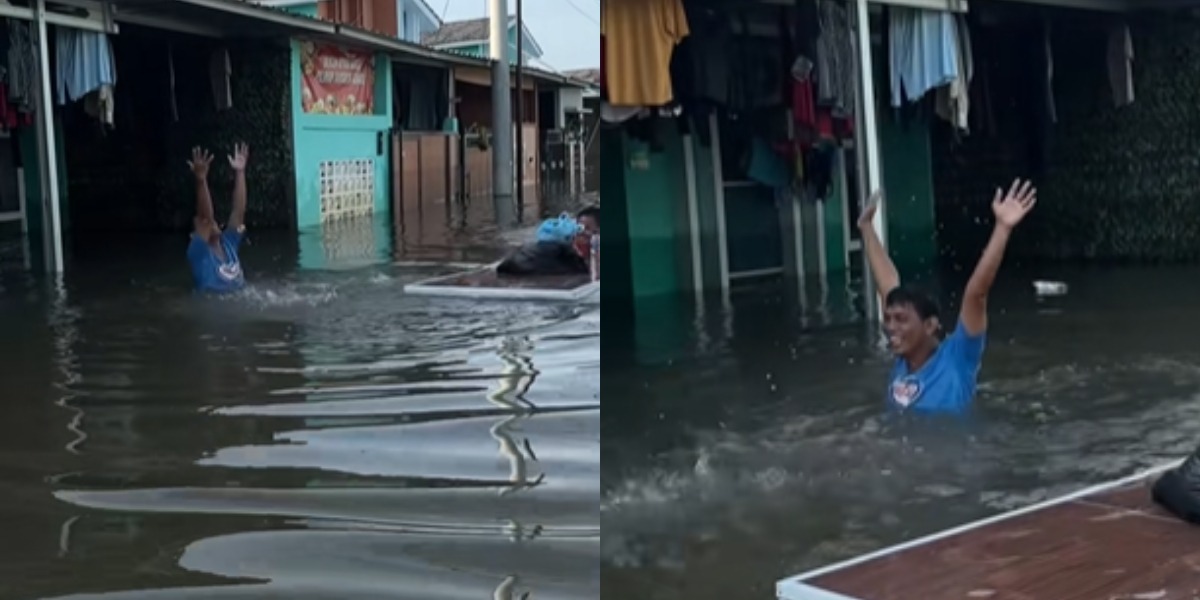 Menyoroti aksi unik bapak-bapak di Bekasi, Jawa Barat saat rumahnya terendam banjir setinggi dada orang dewasa.