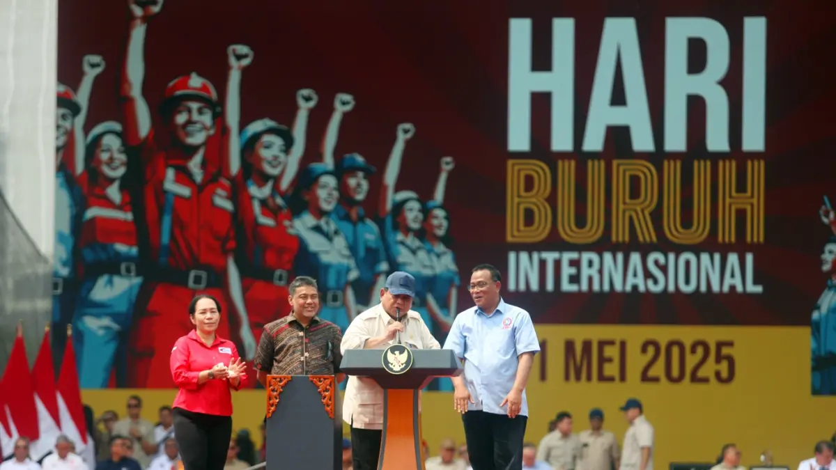 ILUSTRASI: Pidato Presiden Prabowo Subianto pada peringatan Hari Buruh Internasional atau May Day di Lapangan Monas. (Dok JawaPos.com)