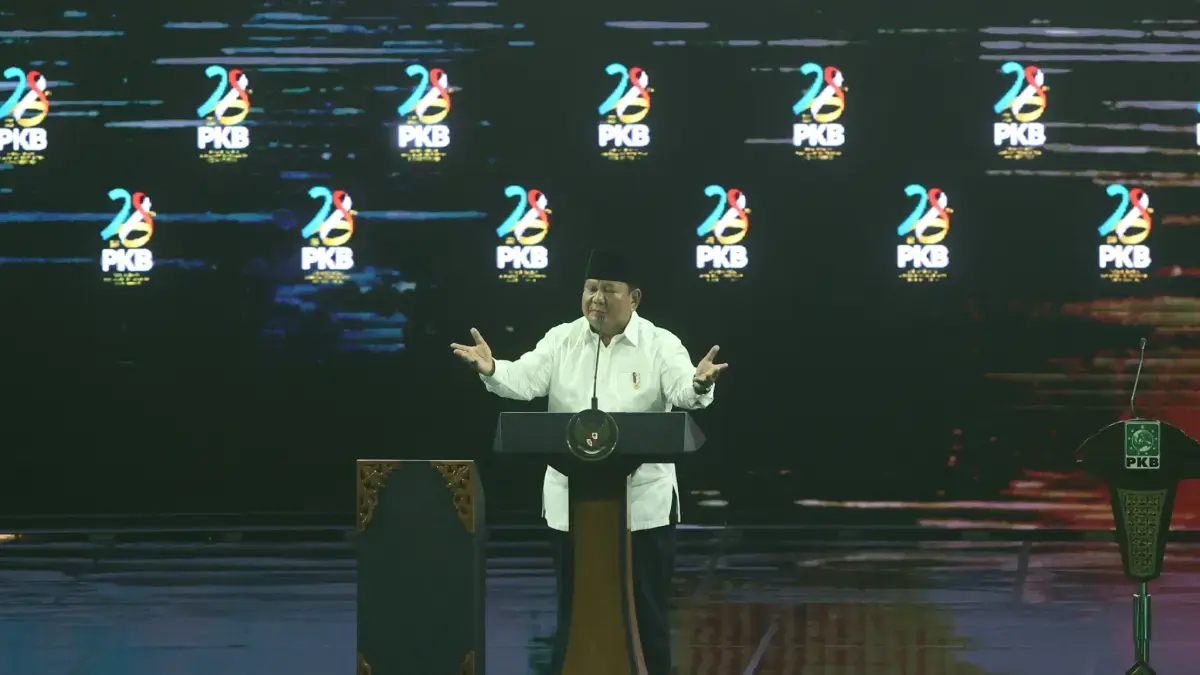 Presiden Prabowo Subianto saat pidato di mimbar pidato Harlah ke-28 PKB di Jakarta, Kamis (23/7/2026). (Dery Ridwanssh/ JawaPos.com)