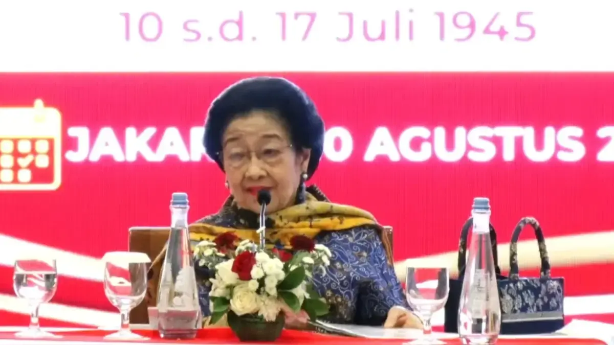 Ketua Dewan Pengarah Badan Pembinaan Ideologi Pancasila (BPIP), Megawati Soekarnoputri dalam pidatonya di acara Expose Naskah Sumber Arsip Dasar Negara II, di Jakarta, Senin (10/8). (Youtube BPIP)