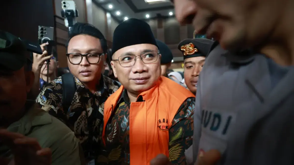 Mantan Menteri Agama (Menag) Yaqut Cholil Qoumas usai menjalani sidang dakwaan dugaan korupsi kuota haji di Pengadilan Tipikor Jakarta, Selasa (11/8). (Dery Ridwansyah/JawaPos.com)
