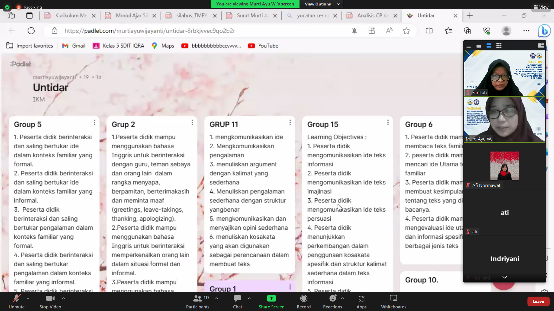 Pemberian materi praktik penyusunan modul ajar Bahasa Inggris pada kurikulum merdeka melalui Zoom Meeting, Selasa (5/9/2023).