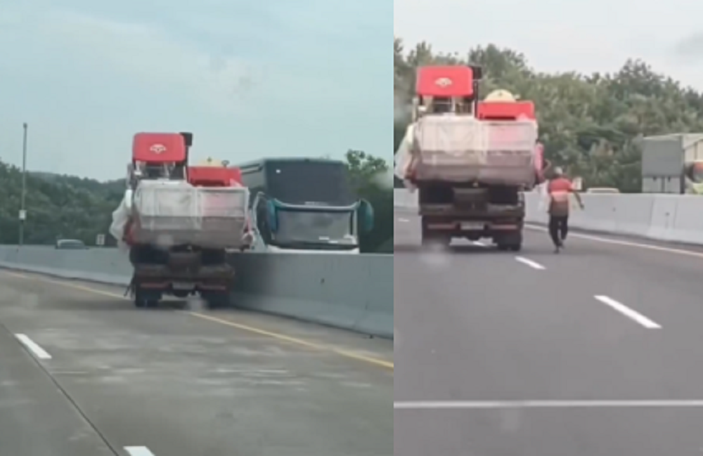 Detik-detik saat truk penuh muatan meluncur tanpa sopir di jalan menurun di Gerbang Tol Kalikangkung, Kota Semarang, Kamis (18/4/2024) pagi.