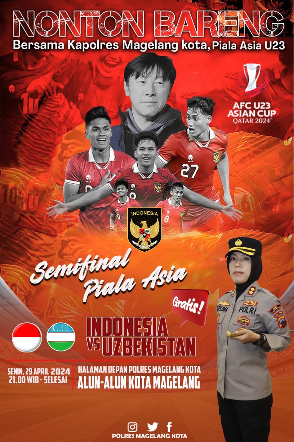 Nobar Bersama Kapolres Magelang Kota di Halaman Depan Mapolres Magelang Kota Alun-alun Kota Magelang mulai pukul 21.00. Akan dihadiri Kapolres Magelang Kota AKBP Herlina.