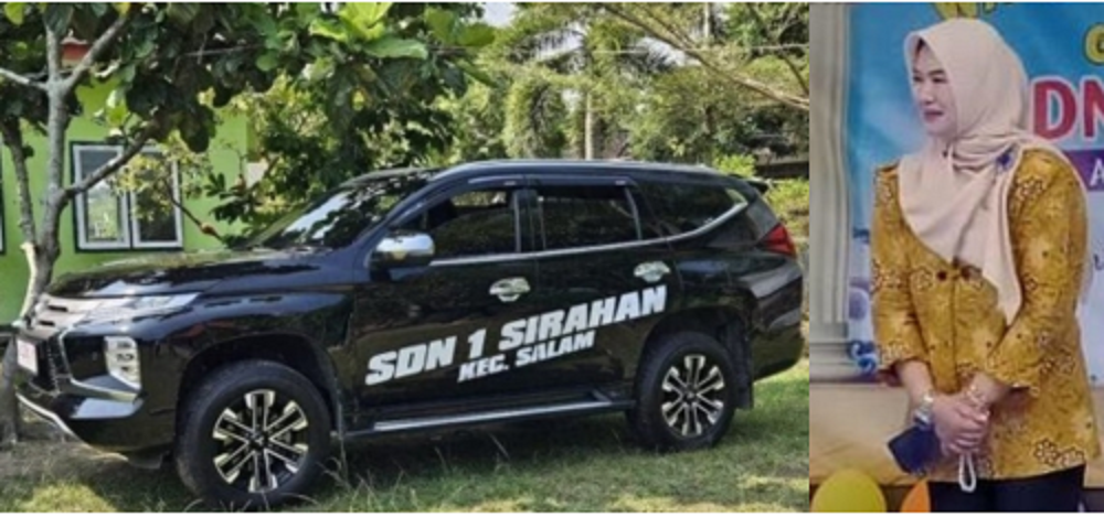 Mobil Mitsubishi Pajero bertuliskan SDN 1 Sirahan, Kecamatan Salam, Kabupaten Magelang. (kanan) Kepala SDN 1 Sirahan Retno Christanti, pemilik mobil.
