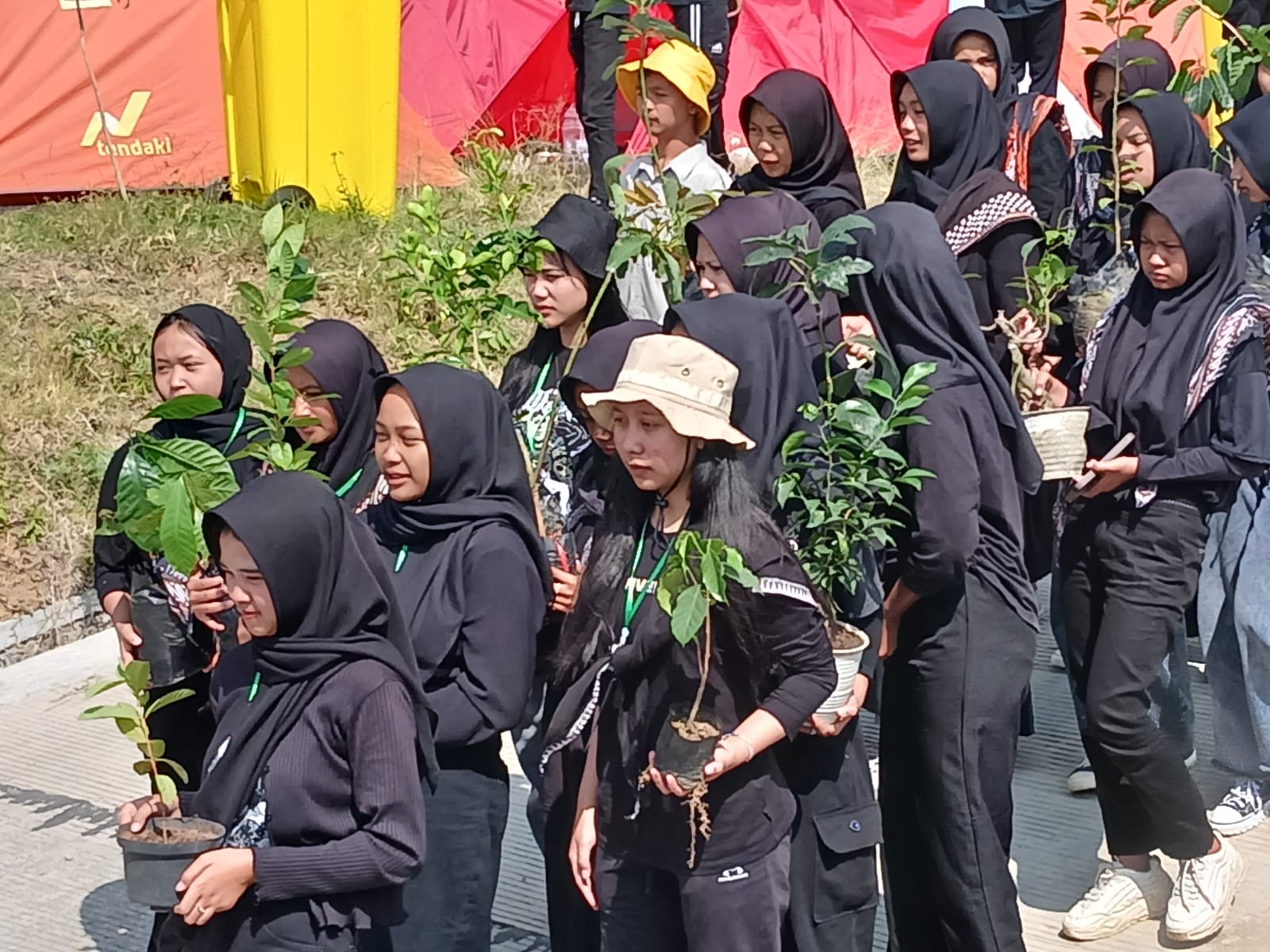 Siswa baru SMK Mipha Parakan, Temanggung membawa bibit pohon untuk ditanam di kawasan Embung Bansari, Kamis (25/7/2024).
