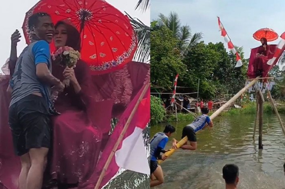 Lomba panjat pinang berhadiah janda muda yang digelar di Kampung Lembur Tengah, Desa Solokpandan, Kecamatan Cianjur, Cianjur, Jawa Barat.