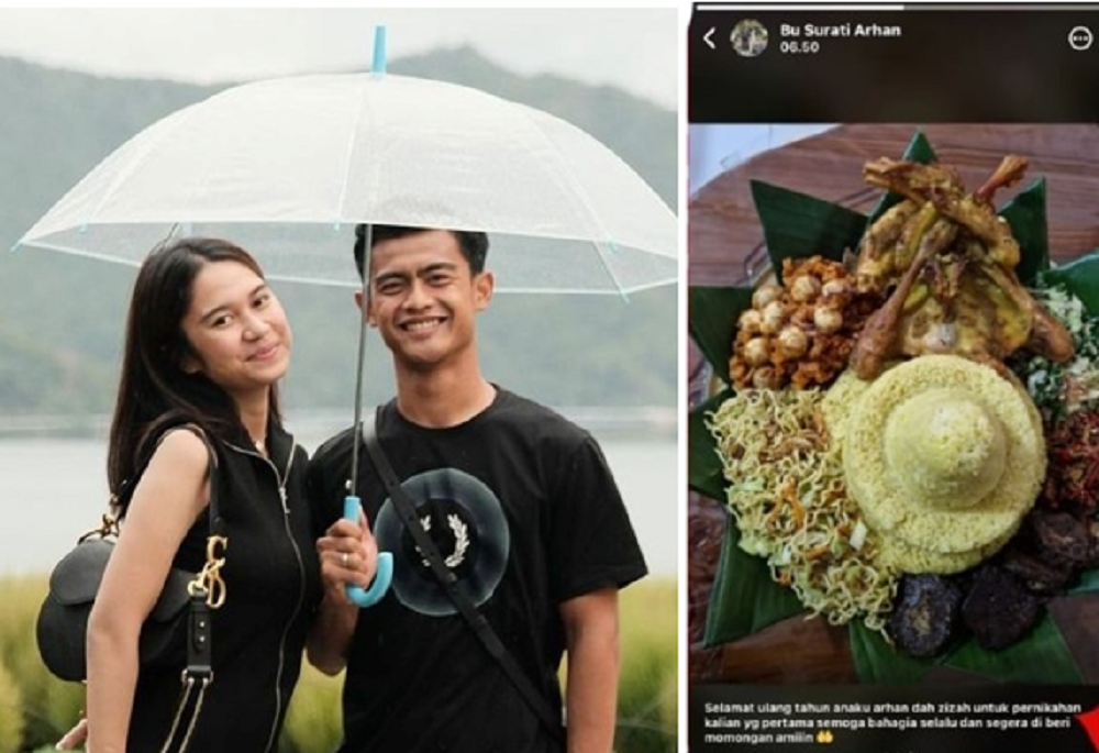 Ibunda Pratama Arhan, Surati, mengunggah foto tumpeng, lengkap dengan berbagai lauk pauknya untuk merayakan ulang tahun pernikahan Arhan-Azizah Salsha.