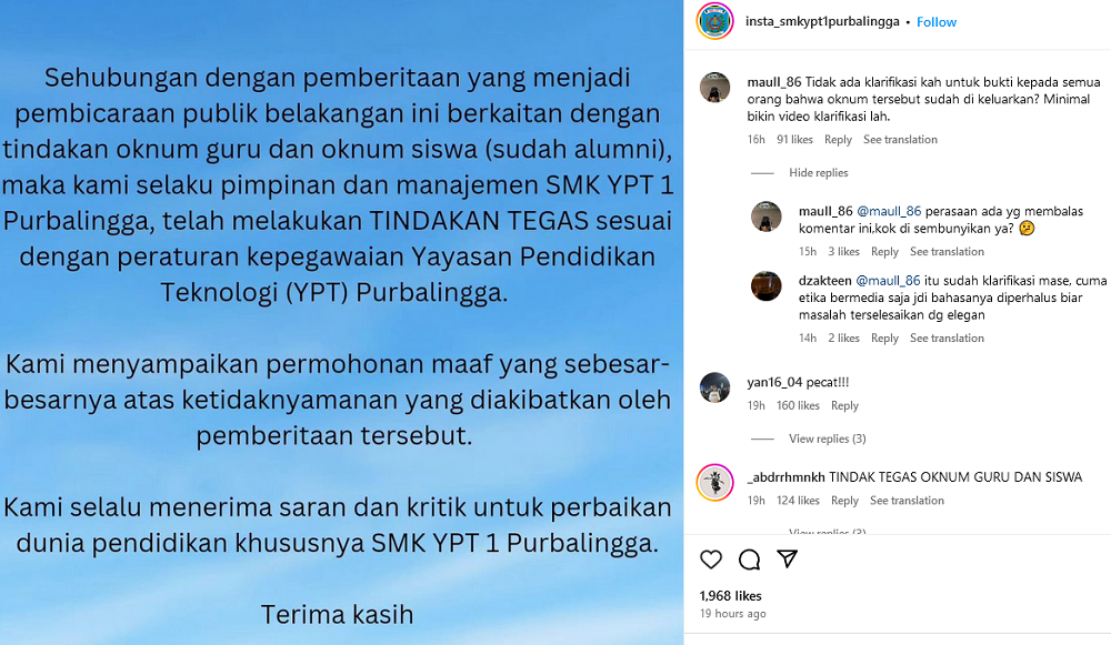Klarifikasi pihak sekolah SMP YPT 1 Purbalingga setelah oknum guru yang diduga berselingkuh dengan muridnya viral di media sosial.