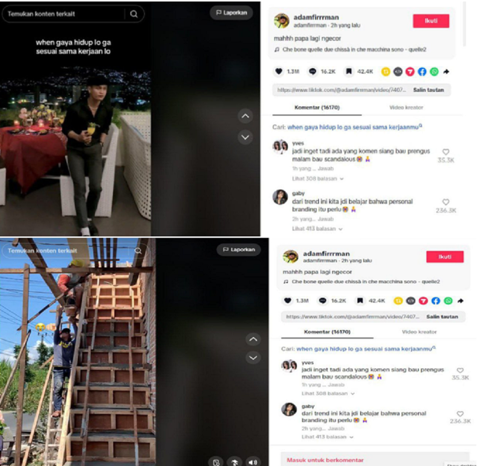 Gambar diatas merupakan salah satu postingan dari akun yang bernama adamfirrrman yang memiliki like lebih dari 1 juta karena mengungkapkan pekerjaannya sebagai kuli bangunan.