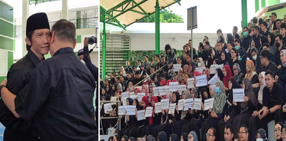 Civitas akademika dan alumni Fakultas Kedokteran (FK) Undip menggelar apel dan penolakan pemberhentian praktik sementara dr Yan Wisnu (kiri) di Lapangan Basket FK Undip, Senin (2/9/2024)