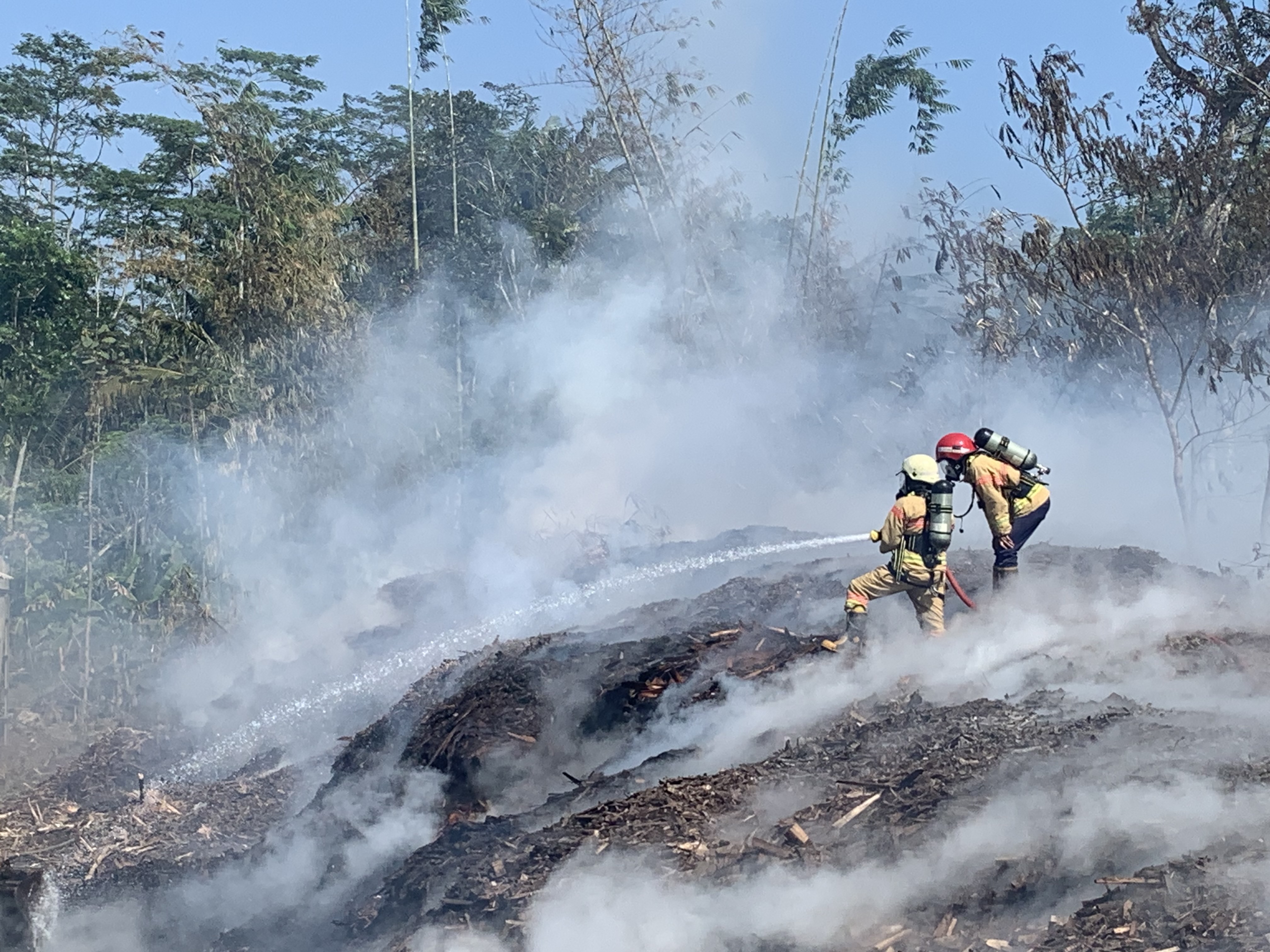 Petugas pemadam kebakaran tengah berusaha memadamkan api di antara tumpukan limbah kayu yang terbakar di Dusun Lotermas, Desa Tepusen, Kecamatan Kaloran, Kabupaten Temanggung, Senin (2/9/2024).