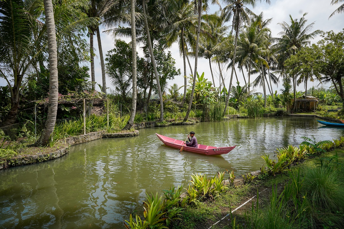 Pengunjung naik kano berkeliling kolam di Kafe Fay Garden.