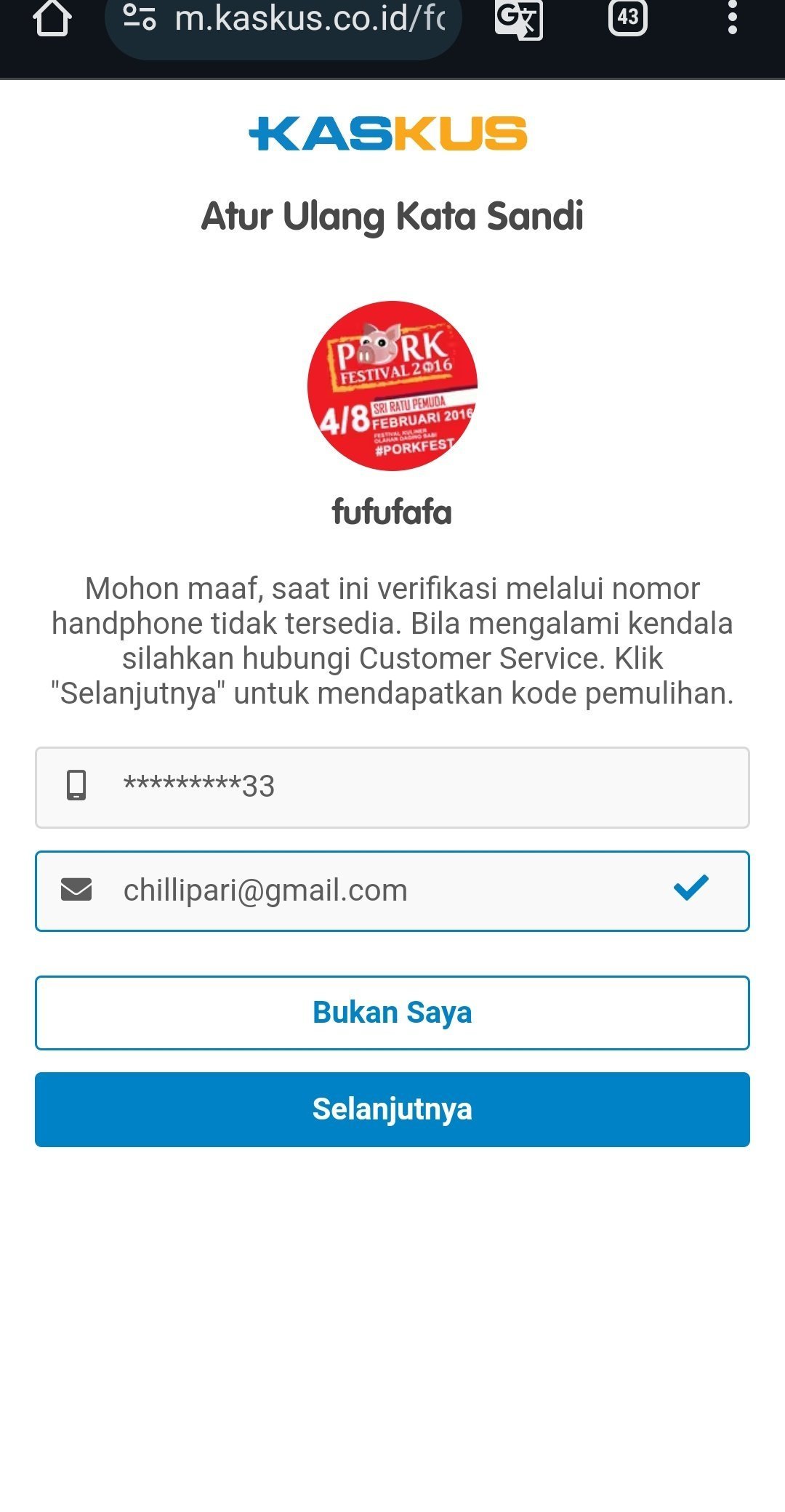 Tangkapan layar netizen  saat memasukan nomor ponsel Gibran di akun Kaskus yang memunculkan email Chilli Pari.
