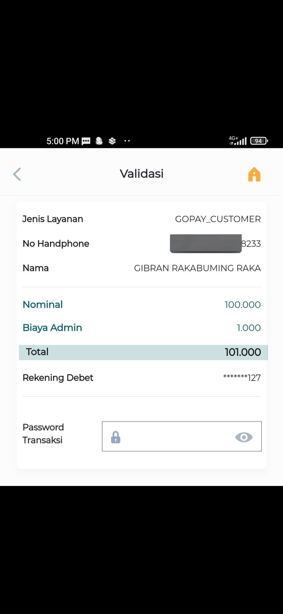 Tangkapan layar netizen yang mencoba transfer uang ke nomor tersebut.