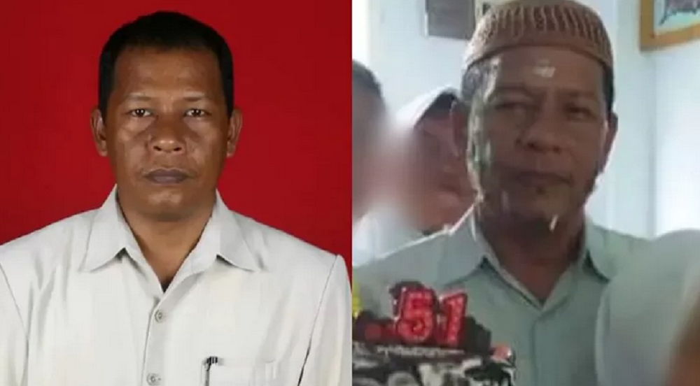 David Hakim mengenakan seragam guru dengan latar warna merah.