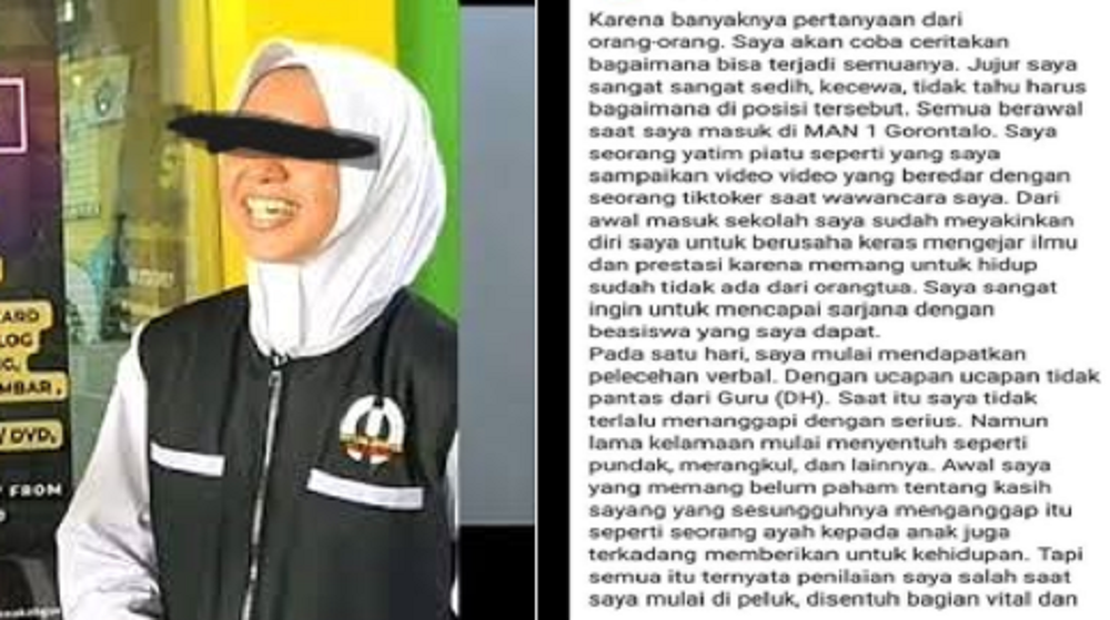 Korban video syur oknum guru MAN 1 Gorontalo, PPT, 17, diduga mulai speak up di sosial medianya, Facebook, Senin (30/9/2024).