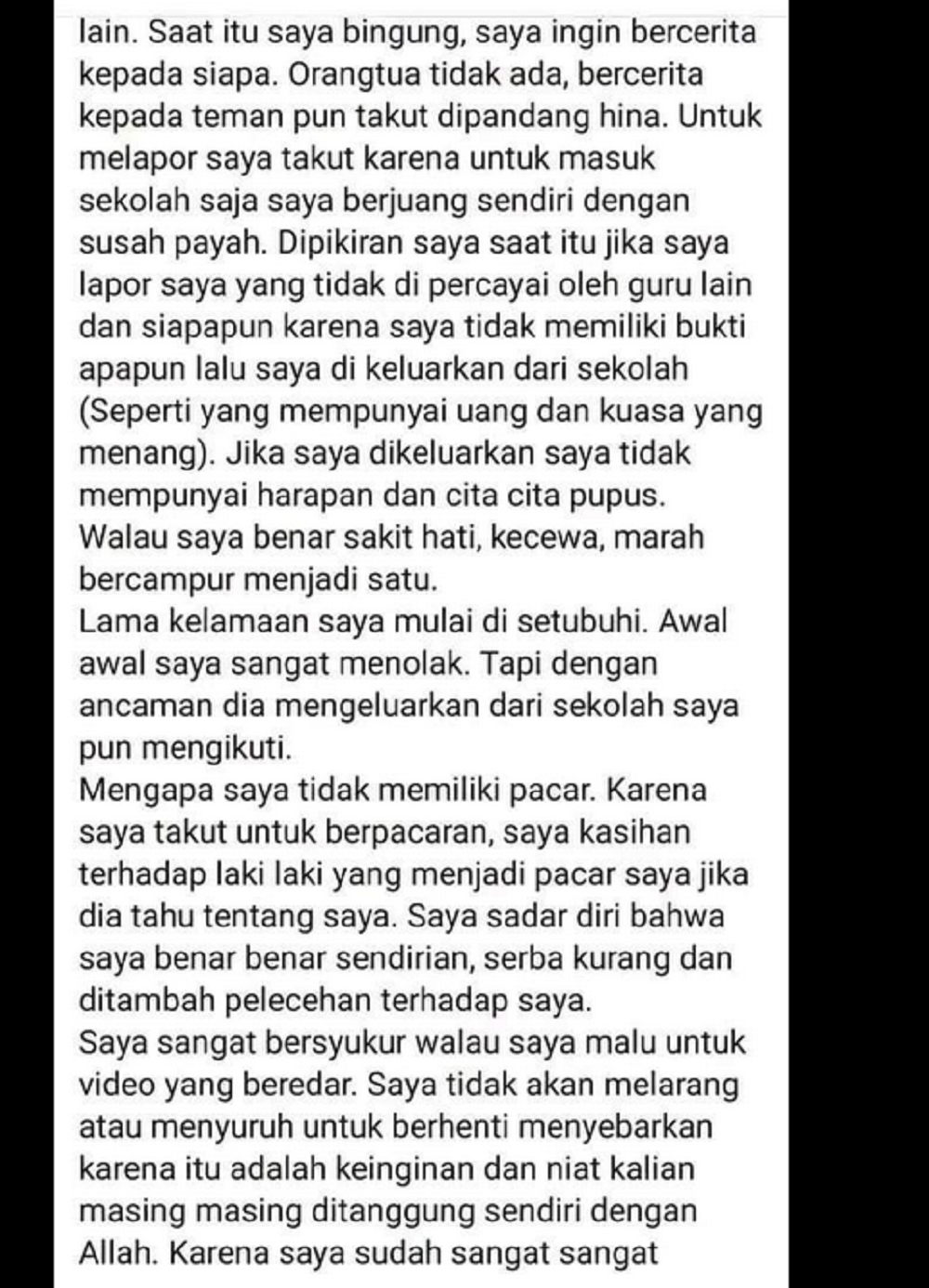 Postingan yang diduga ditulis korban PPT di Facebook