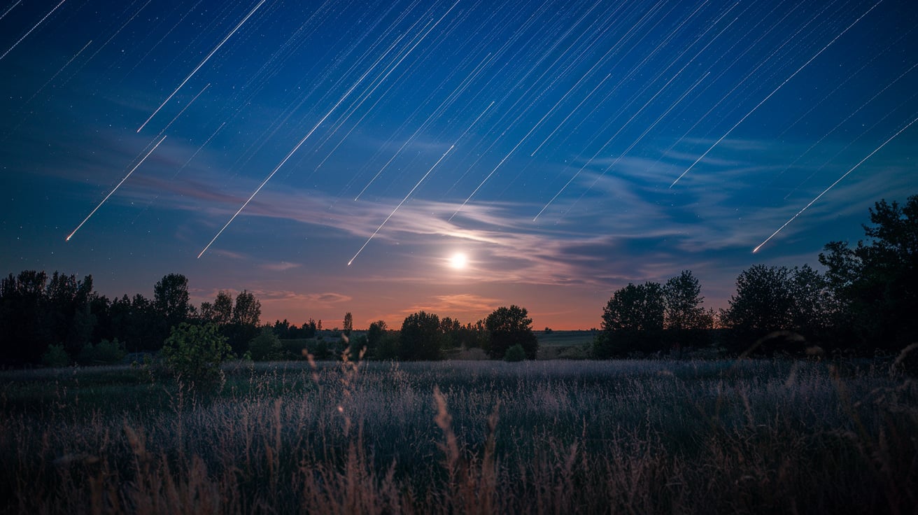 hujan meteor dan bulan purnama yang menghiasi langit malam