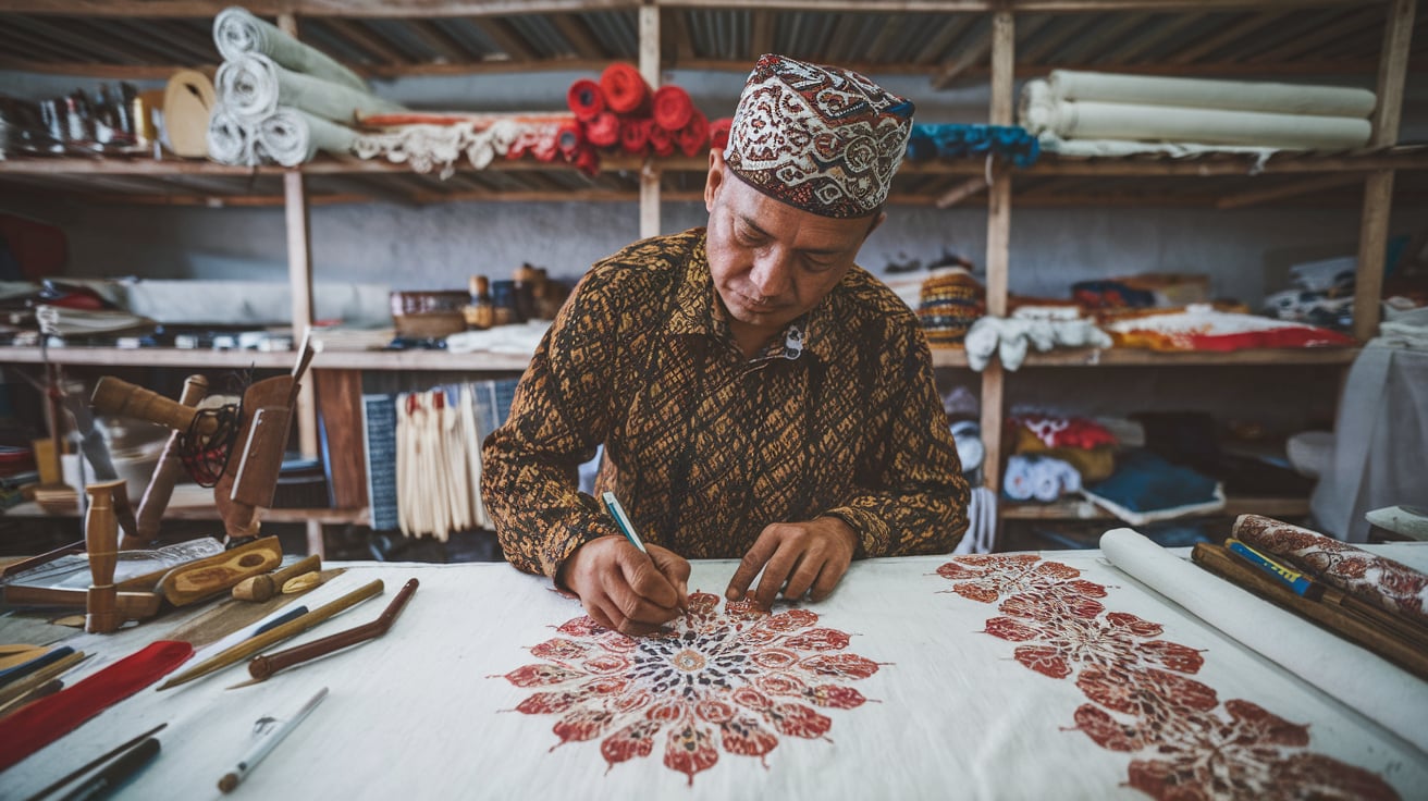 seorang pria sedang membuat batik tulis