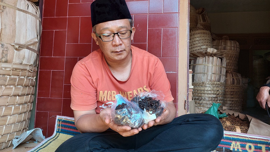 Samino Kades Bansari, Kecamatan Bulu, Kabupaten Temanggung menunjukkan tembakau srintil.