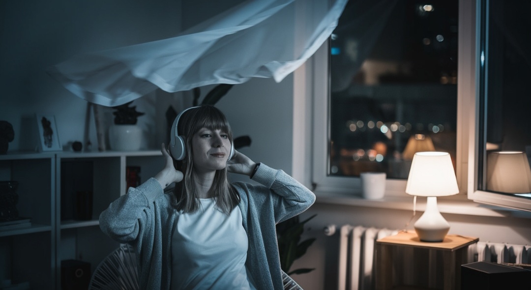 seorang perempuan sedang mendengar musik