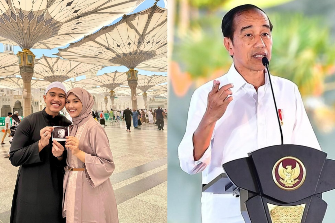 Foto 1 kaesang dan istri yang sedang mengumumkan calon anaknya Foto 2 presiden Joko WIdodo yang sedang berpidato