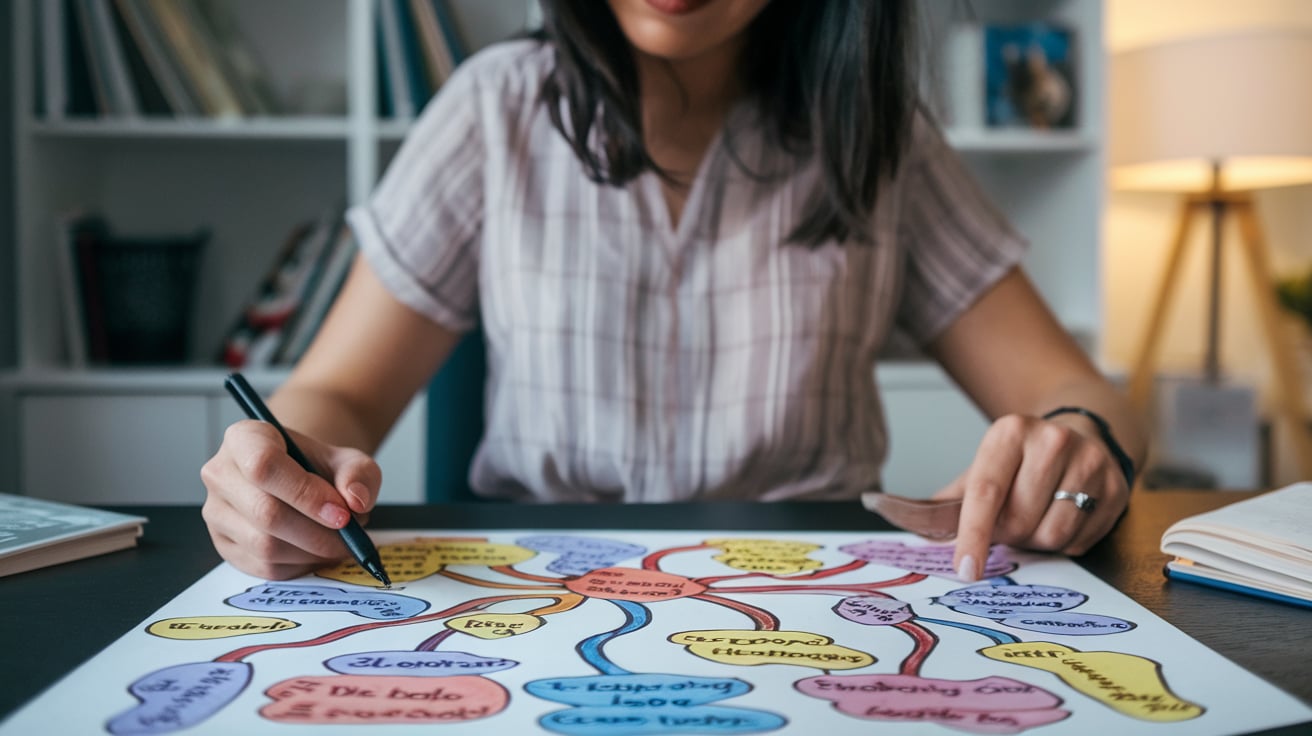 seorang wanita sedang menghafal dengan metode mind mapping