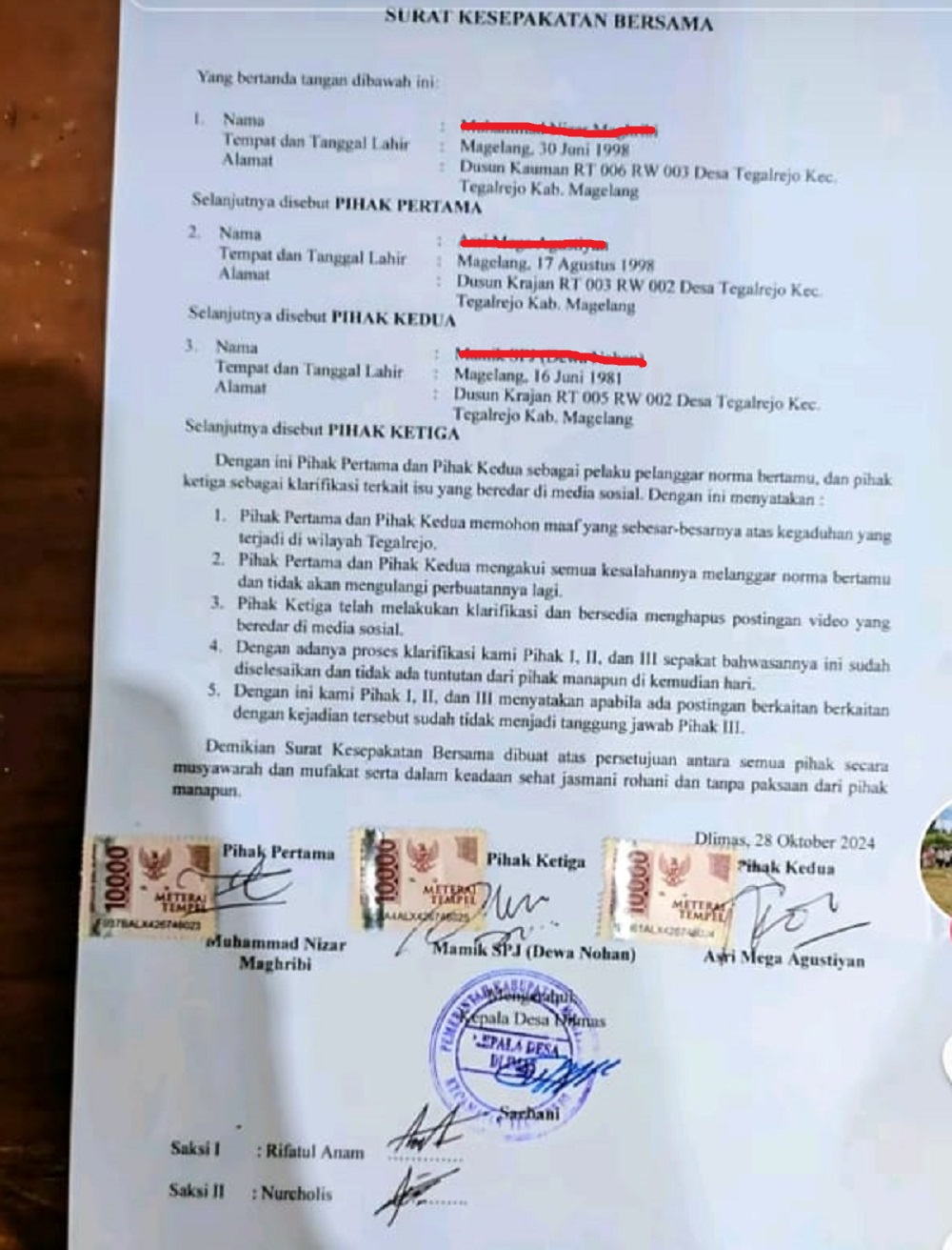 Surat pernyataan damai kasus penggerebekan pria yang diduga Habib Nizar, 26, di rumah wanita bersuami beredar di media sosial.