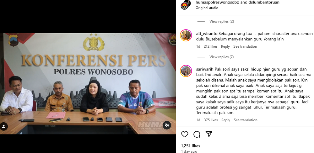 Video jumpa pers usai mediasi antara Ayu Sondakh dan guru SDN 1 Wonosobo Marsono diposting di akun Instagram Humas Polres Wonosobo dibanjiri warganet.