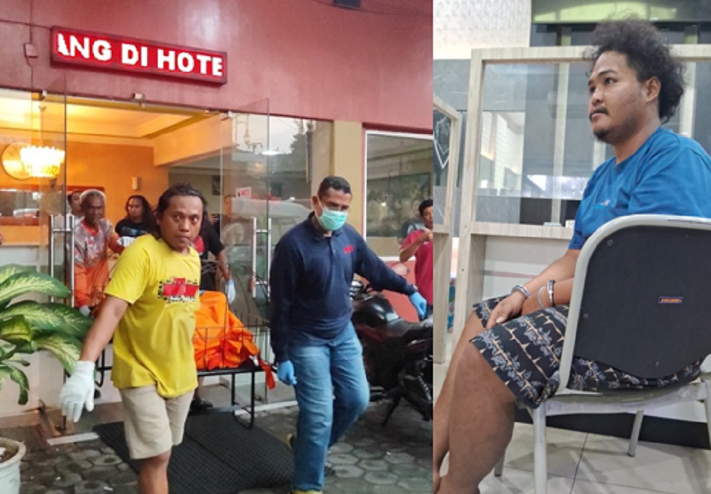 Jenazah korban saat dievakuasi dari Hotel Johar Semarang. (kanan) Pelaku Eko Prasetyo yang diamankan tak lama setelah kejadian.