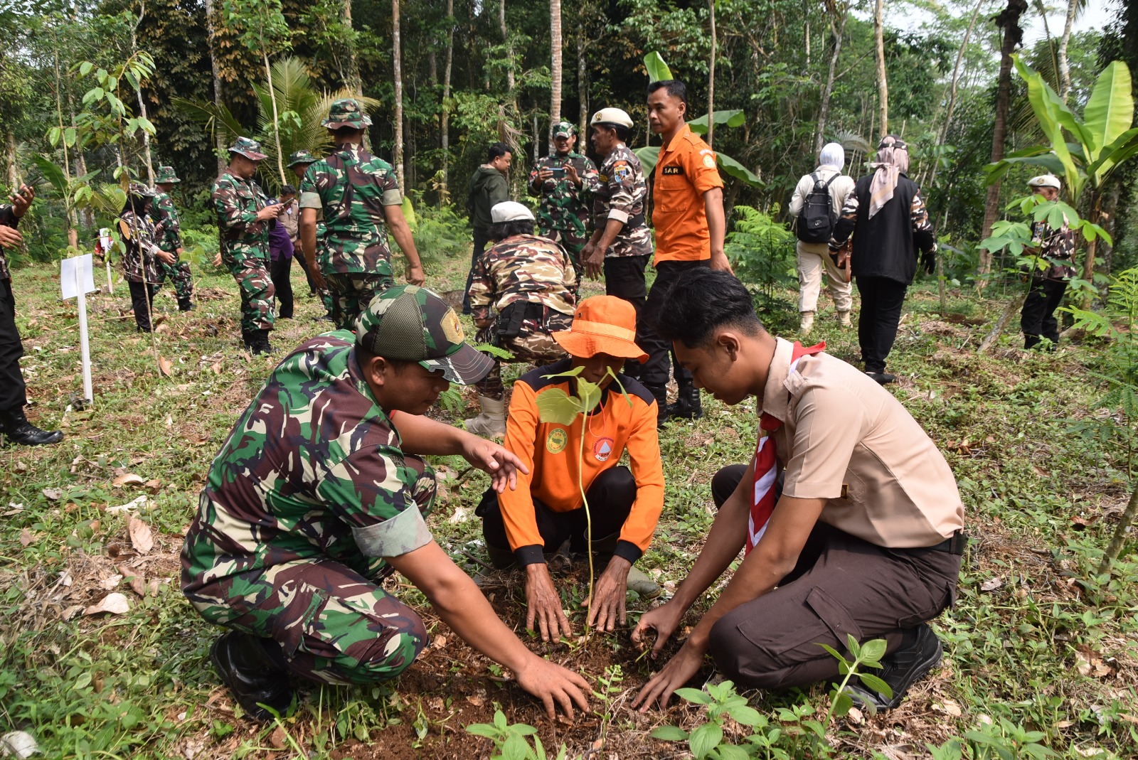 Anggota Kodim 0707 Wonosobo bersama Pramuka, BPBD, Polri menanam bibit buah-buahan di Dusun Maron Desa Grugu Kecamatan Kaliwiro, Wonosobo.