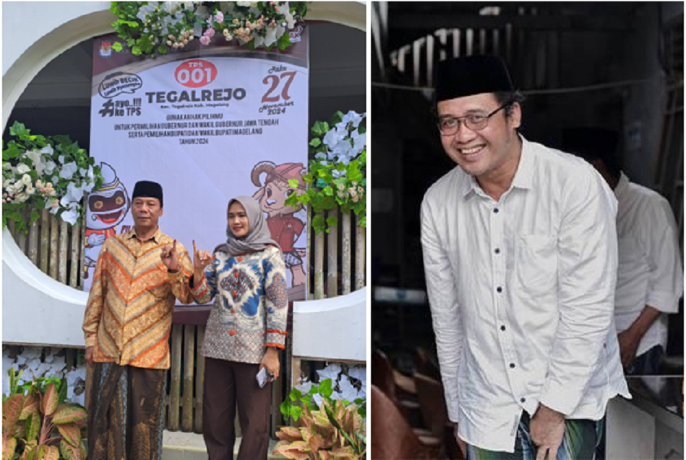 Calon Wakil Bupati Magelang Sahid dan istri berfoto usai menyalurkan hak pilihnya di TPS 001 Dukuh Sidodadi, Desa Tegalrejo. (kanan) Calon Bupati Magelang Grengseng Pamuji.