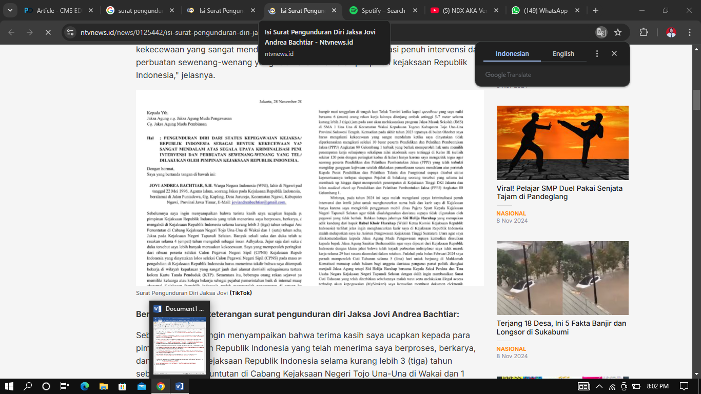 Surat Pengunduran Diri Jovi Bachtiar