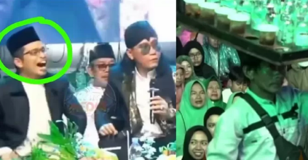 KH Usman Ali Salman ikut tertawa terbahak-bahak di samping Gus Miftah saat pengajian di Lapangan drh. Soepardi, Sawitan, Mungkid, Kabupaten Magelang.