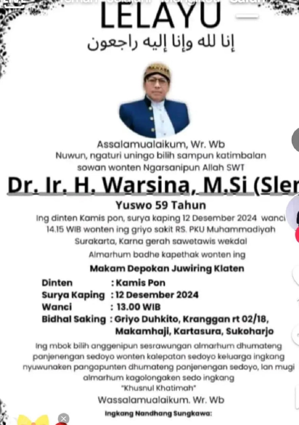 Lelayu dalang Ki Warseno Slenk tutup usia pada hari ini, Kamis (12/12/2024).