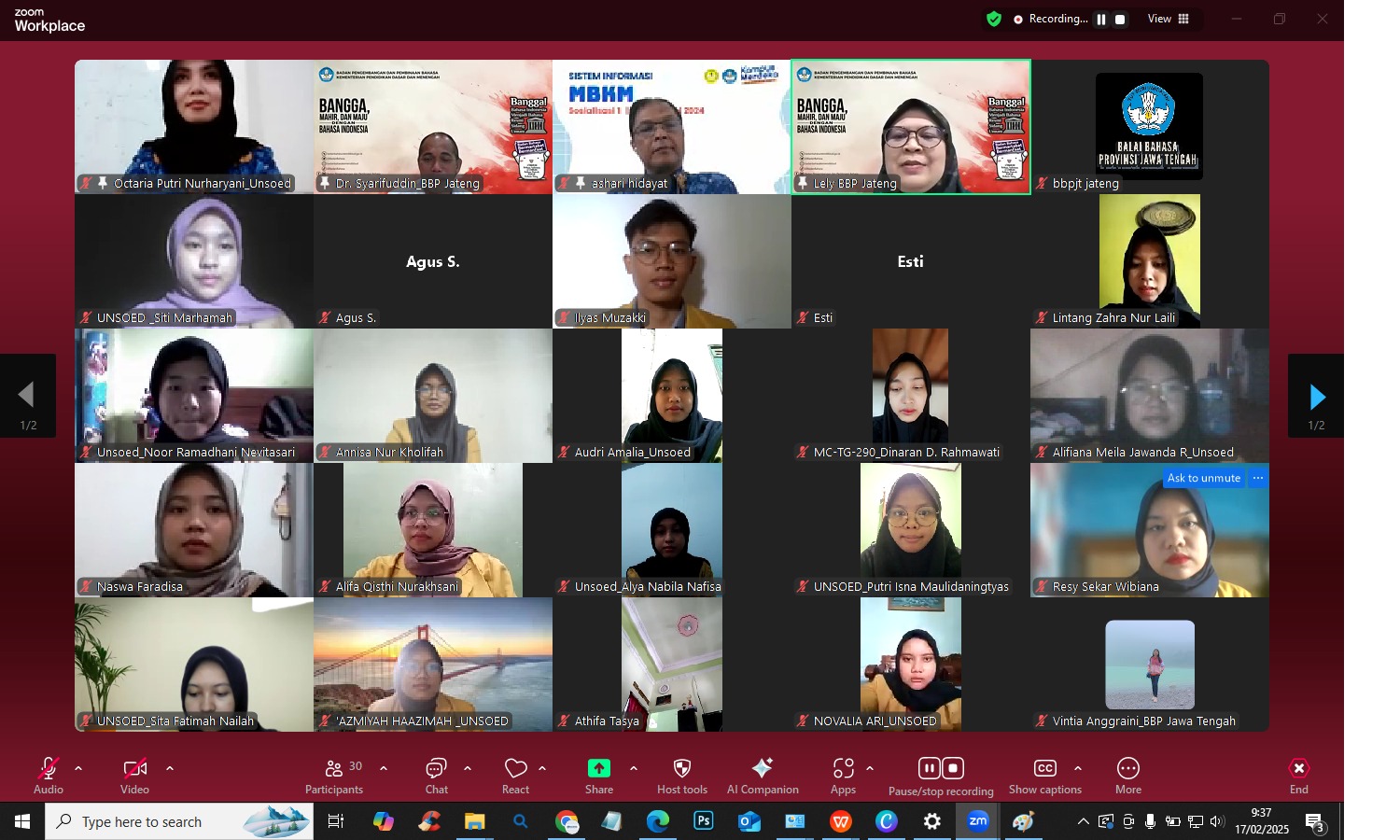 Penerimaan mahasiswa magang Prodi Sastra Indonesia FIB Universitas Jendral Soedirman Purwokerto di Balai Bahasa Provinsi Jawa Tengah, Senin (17/2/2025) via zoom.