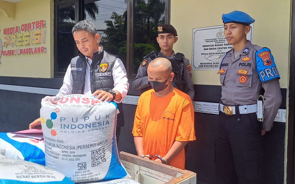 Pelaku berinisial P dan barang bukti 20 sak pupuk NPK Phonska bersubsidi diamankan Polresta Magelang.