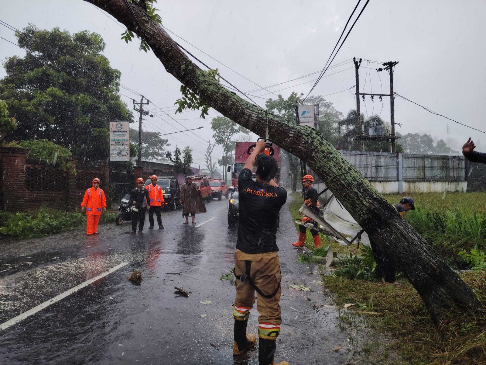 Personel Damkar dan petugas gabungan saat berupaya melakukan penanganan pohon tumbang di sejumlah titik di Kabupaten Temanggung, Rabu (7/5/2025).