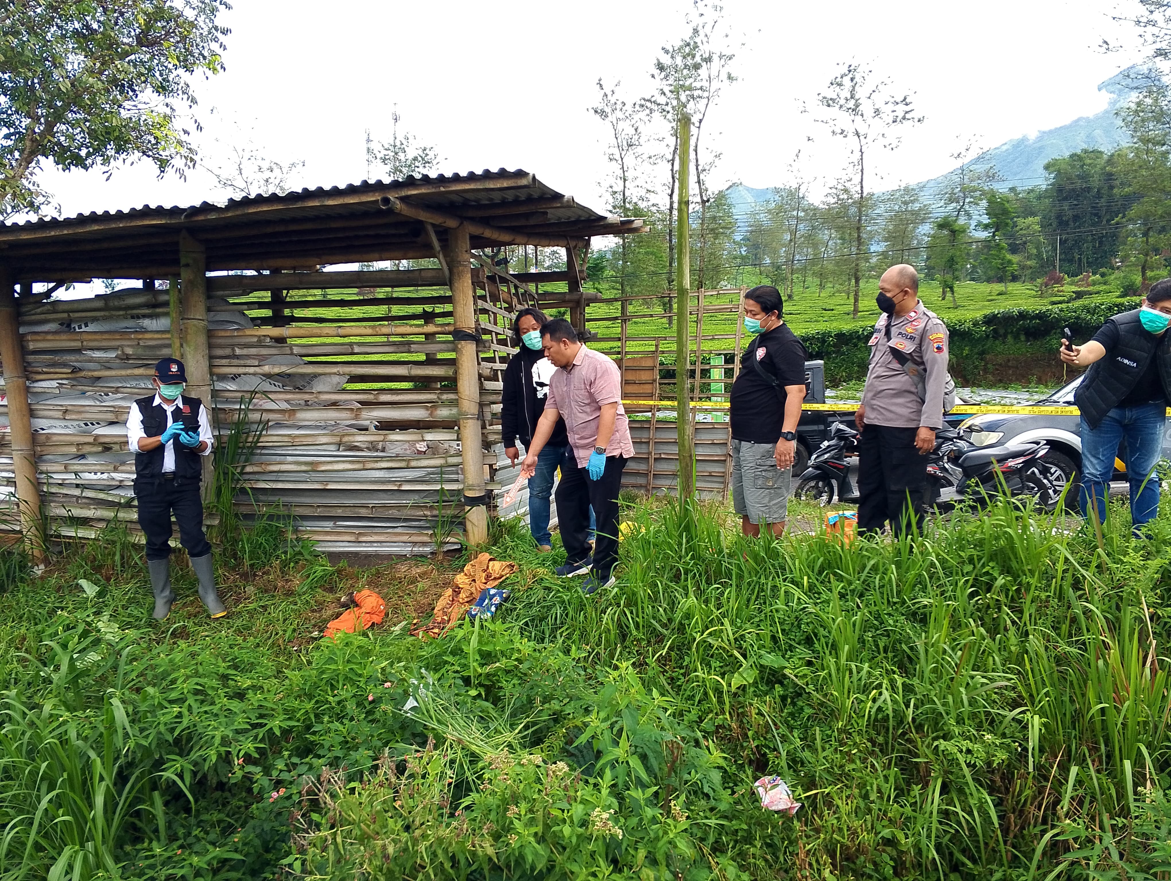 Petugas tengah olah TKP penemuan orok bayi di dekat gudang pupuk di Dusun Jurangrejo, Desa Candiyasan, Kertek, Wonosobo, Selasa (20/5/2025).