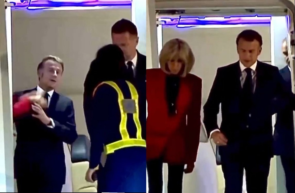 Momen tak terduga saat Ibu Negara Prancis Brigitte Macron, tampak "menampar" Presiden Emmanuel Macron di dalam pesawat saat tiba di Vietnam beredar di media sosial.