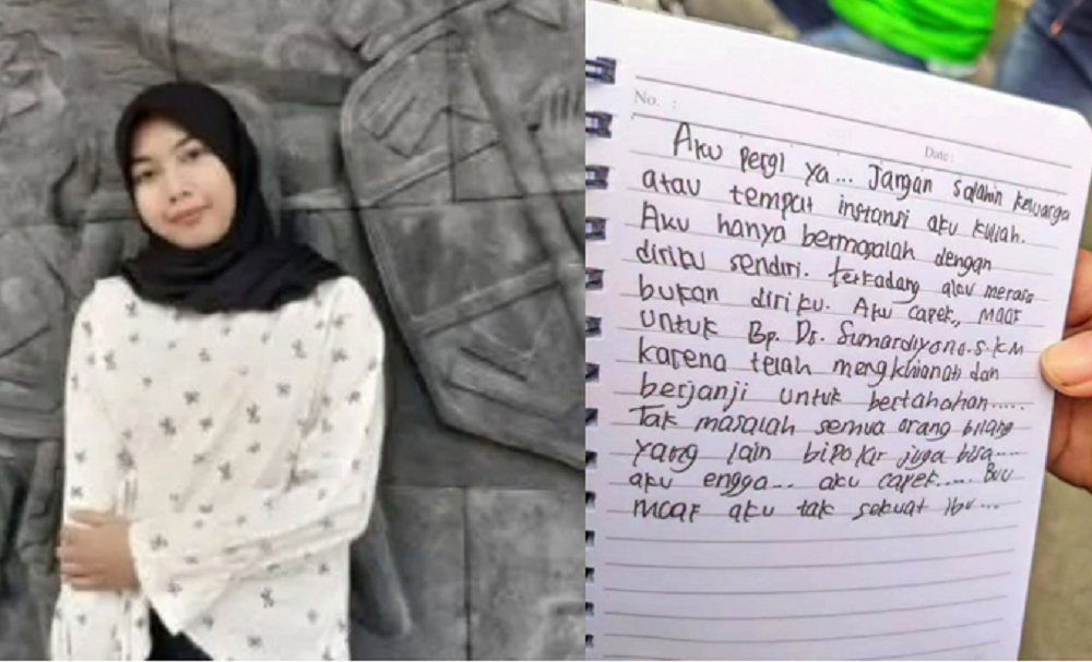 Korban Devita Sari Anugraheni, 22, warga Bangsri II RT 04 RW 02 Purwodadi, Temanggung telah membuat pesan dalam tulisan di bukunya sebelum lompat ke Sungai Bengawan Solo.