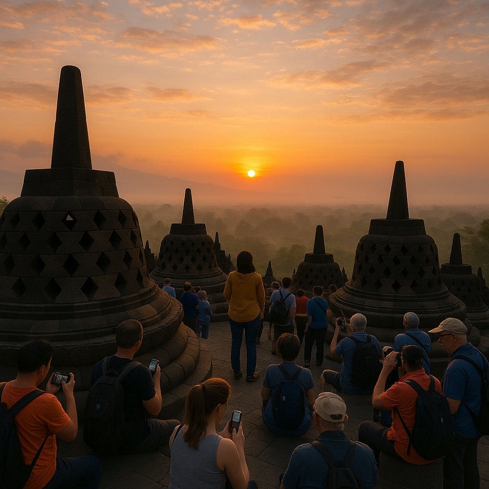 Para wisatawan saat menikmati sunrise di Candi Borobudur Magelang