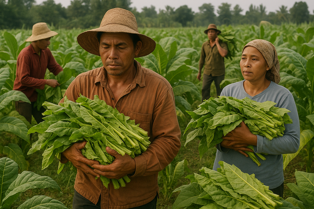 Para petani di Kabupaten Magelang sedang memanen daun tembakau.  &nbsp;