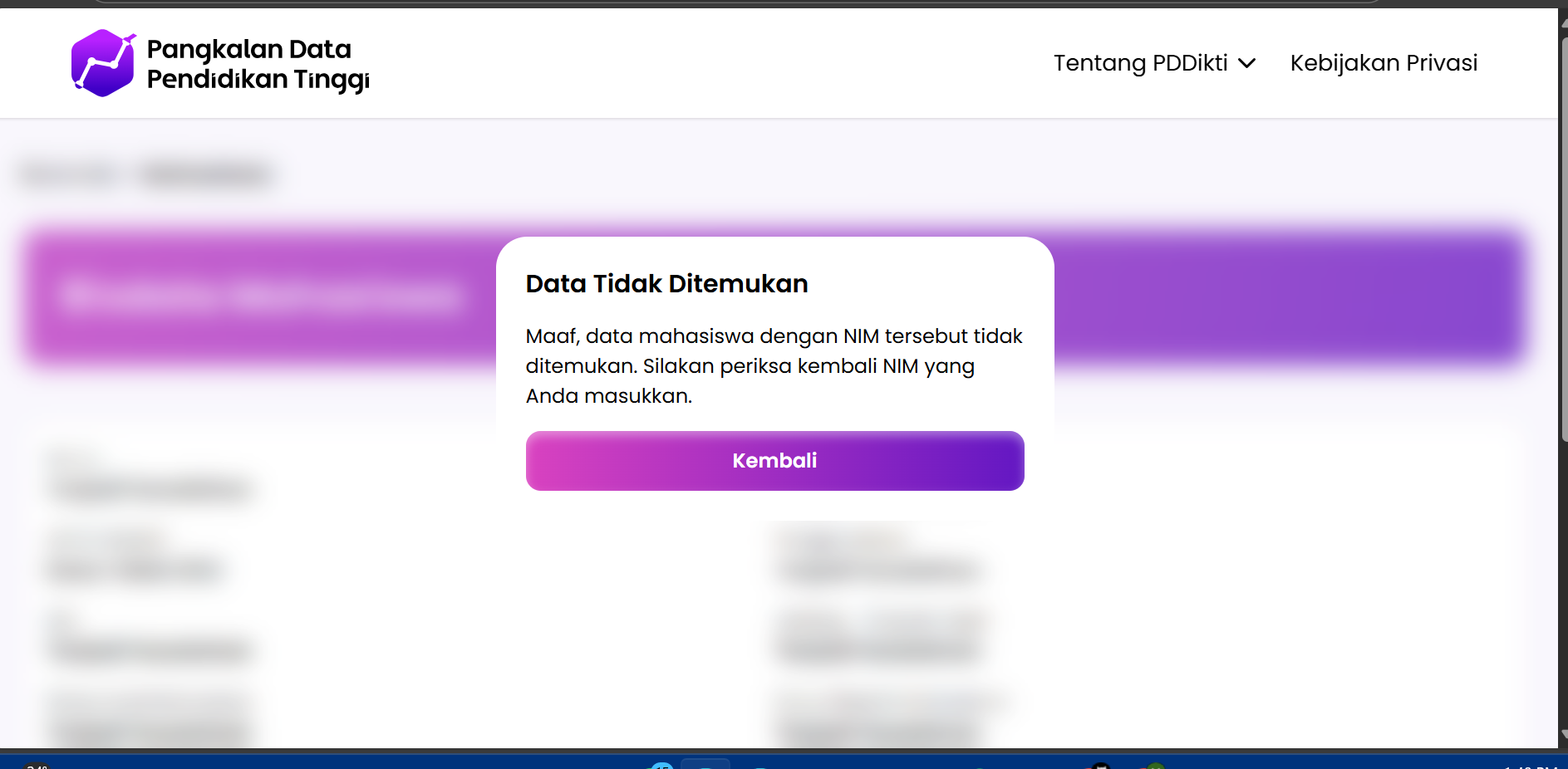 Data mahasiswa tidak muncul dalam pencarian website PDDikti