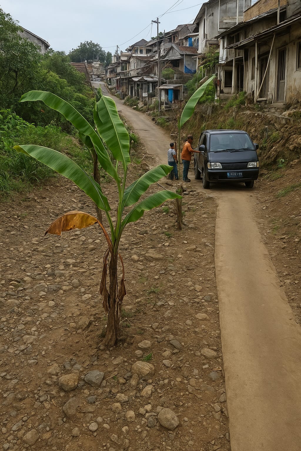Pohon pisang ditanam di tengah jalan yang menghubungkan Desa Watumalang dan Wonosroyo Kecamatan Watumalang.