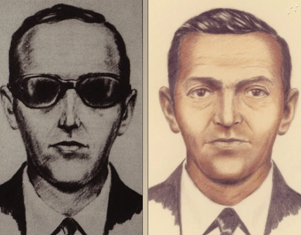 Ilustrasi wajah D.B Cooper berdasarkan deskripsi yang diberikan oleh para saksi mata dan kabin kru pesawat dan dilukis oleh seniman lalu disebarkan oleh FBI