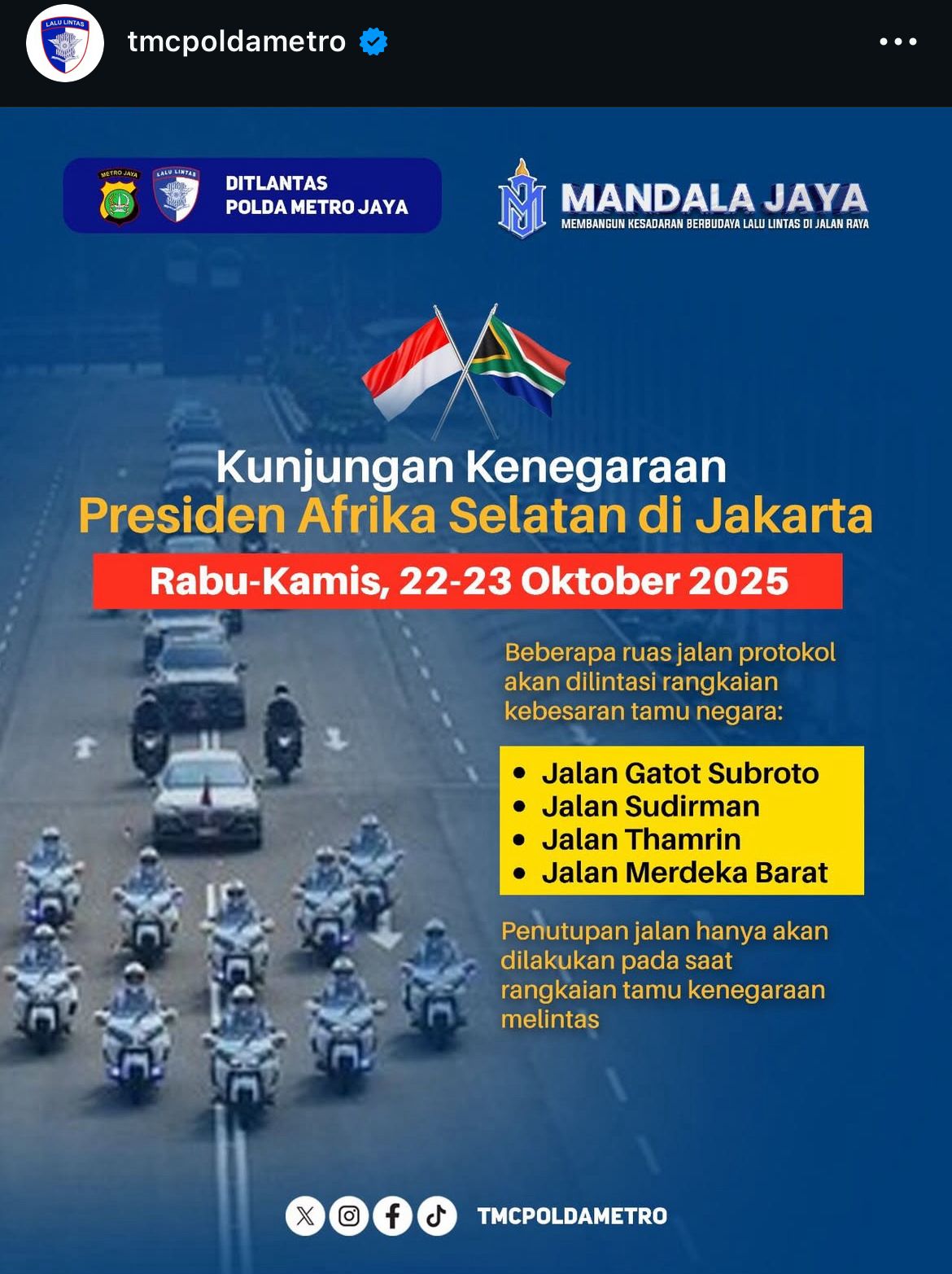 Informasi Polda Metro Jaya terkait kunjungan presiden AFSEL di Jakarta